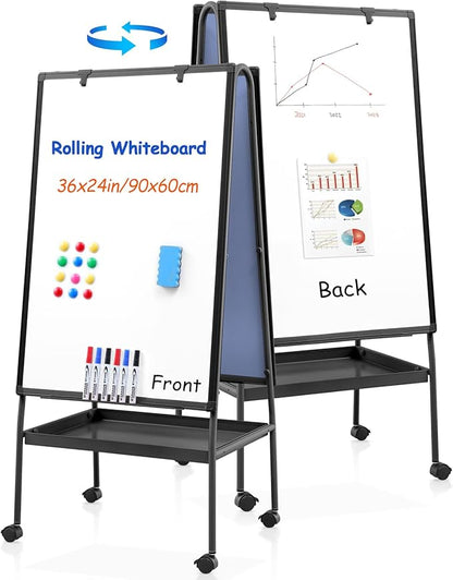 MAKELLO Rolling Whiteboard on Wheels 36x24 in, Double Sided Mobile White Board with Storage Tray for Office School Home, Magnetic Classroom Easel for Teacher, Height Adjustable, Aluminum Frame, 3'x2'