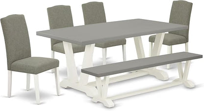 East West Furniture V097EN206-6 6 Piece Kitchen Table Set Contains a Rectangle Dining Table and 4 Dark Shitake Linen Fabric Upholstered Chairs with a Bench, 40x72 Inch, Multi-Color