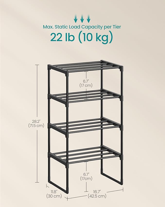 SONGMICS Shoe Rack, 4-Tier Shoe Organizer, Metal Storage Shelf, Upright or Upside Down, for 5-10 Pairs, Stackable, for Entryway, 11.8 x 16.7 x 28.2 Inches, Black ULSA004B01