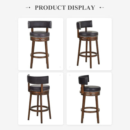 COLAMY Swivel Counter Height Bar Stools Set of 3, 30 Inch Modern Upholstered Kitchen Island Barstools with Back, Wood Swivel Bar Chairs for Counter Bar Dining Room, Dark Brown