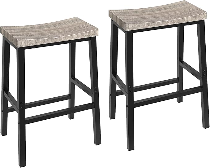 HOOBRO Bar Stools, Set of 2 Chairs, 23.6 Inch Saddle Kitchen Counter Stools With Footrests, Industrial for Dining Room, Kitchen, Counter, Bar, Greige and Black BG02MD01
