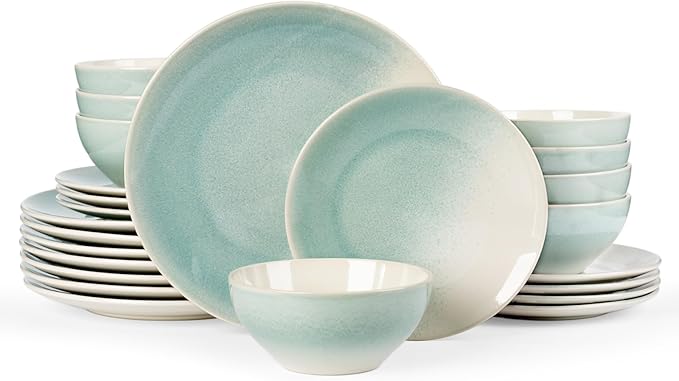 Famiware Glacier Dinnerware Sets, Plates and Bowls Dish Sets for 8 (24 Pieces), Stoneware Tableware - Dishwasher and Microwave Safe, Handcrafted Reactive Glaze, Aqua