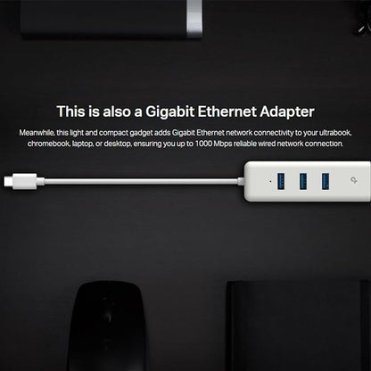 TP-Link UE330C USB-C 3.0 to Ethernet Adapter | Portable 3-Port USB-A 3.0 Hub w/ 1 Gigabit RJ45 Ethernet Port | Laptop Network Adapter | Plug & Play | Supports Win 7/8/8.1/10/11, Mac OS X (10.9-10.15)