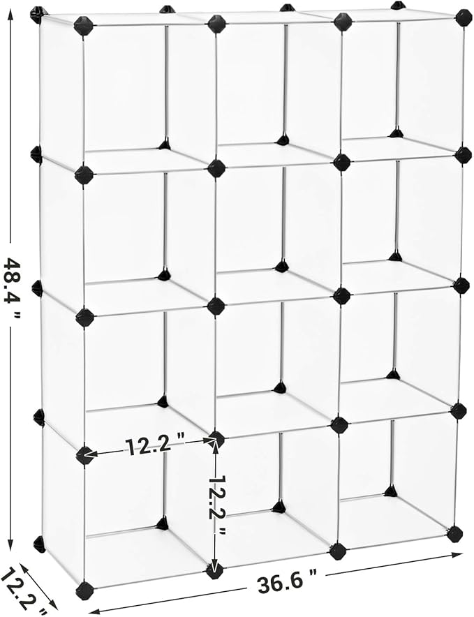SONGMICS Cube Storage Organizer, Set of 12 Plastic Cubes, Book Shelf, Closet Organizers and Storage, Room Organization, Bedroom Living Room, 12.2 x 36.6 x 48.4 Inches, White ULPC34L