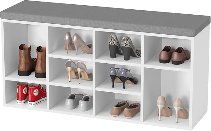 PayLessHere Shoe Bench Storage Bench 10 Compartments Shoe Organizer with 3-Tier Shoe Rack Bench Adjustable Shelves Shoe Shelf for Living Room Entryway Hallway Bedroom (White and Grey)