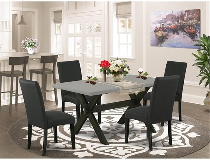East West Furniture X696DR124-5 5 Piece Dining Table Set for 4 Includes a Rectangle Kitchen Table with X-Legs and 4 Black Color Linen Fabric Upholstered Chairs, 36x60 Inch, Multi-Color