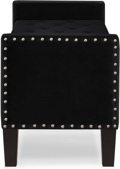 Velvet Storage Ottoman with Armrests, Upholstered Button Tufted Entryway Bench with Nails Trim for Bedroom End of Bed, Living Room,Black