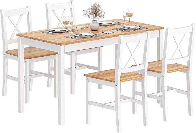 soges Dining Table Set for 4, 42.5 inch Pine Wood Dining Room Table with 4 Chairs, 5-Piece Kitchen Table Chairs Set for Small Space, Apartment, Dinette, Breakfast, White and White