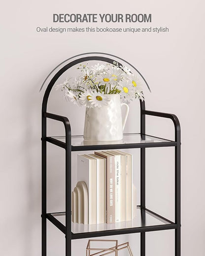 Bookcase Bookshelf, Tempered Glass Bookshelves, Slim Shelving Unit for Bedroom, Bathroom, Home Office, Steel Frame, 6 Tier Black BC10601B