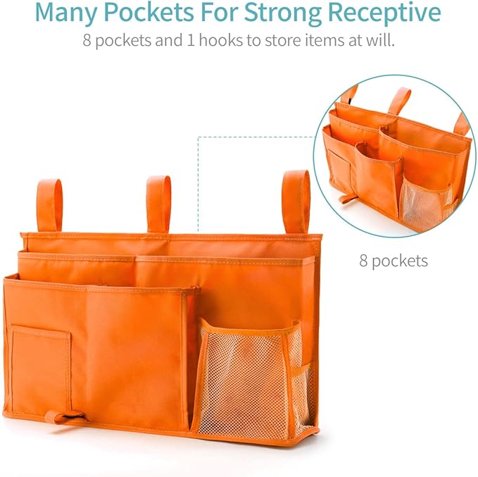 Bseash Bunk Bed Organizer, Bedside Caddy Hanging Bed Organizer Storage Bag 8 Pockets, for College Dorm Rooms Bed, Hospital Bed, Baby Bed Rails, 600D Oxford Cloth (Orange)