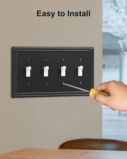 2-Pack Quad Toggle Light Switch Cover Plate, 4 Gang Metal Switch Plate Covers, Black Pearls Decorative Wall Plate, Corrosion Resistant