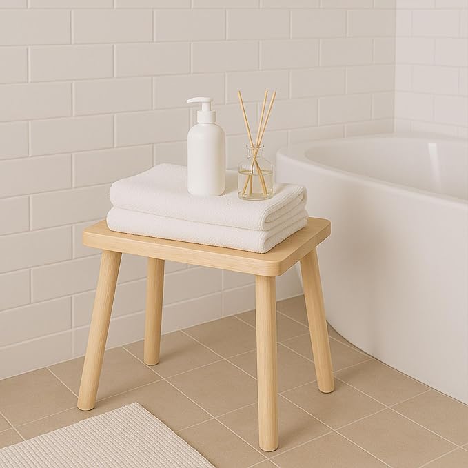 Solid Wood Step Stool,13.4inch Square Wooden Foot Stool,Portable Short Stool Easy to Assemble and Sturdy(Natural, Large)