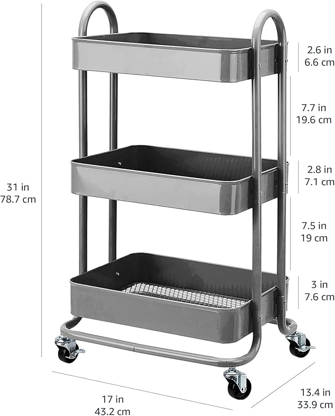 Amazon Basics 3-Tier Rolling Utility or Kitchen Cart, Lockable Wheels, Multifunctional Storage, Mobile Shelving Unit, Metal Storage Organizer, Charcoal