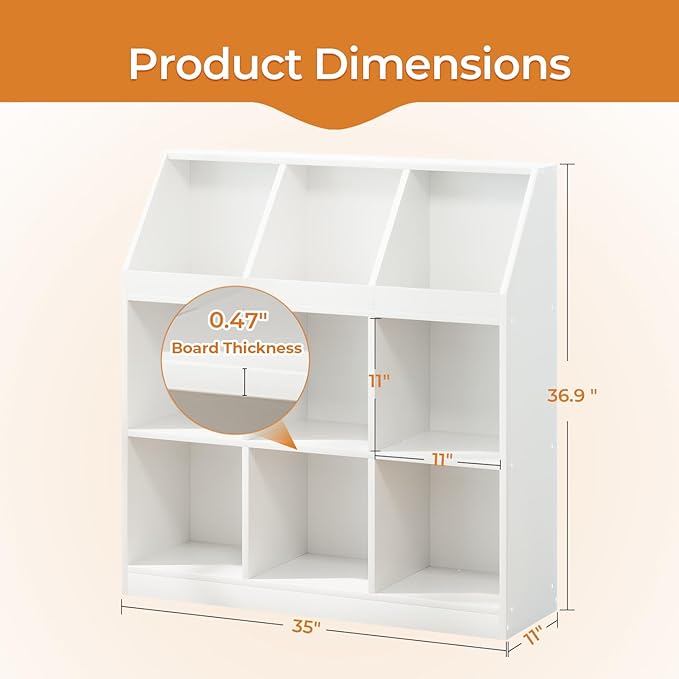 9-Cube Wooden Storage Bookcase - 11-Inch Open Shelf Cabinet, Simple Modern Bookshelf Organizer for Home Office, Living Room, White