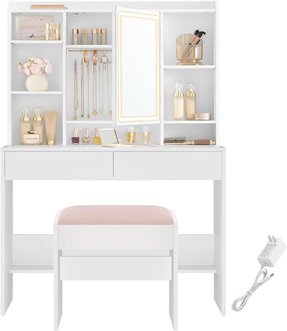 VASAGLE Vanity Desk with Mirror and Lights, Makeup Vanity with Upholstered Vanity Stool, Dimmable LED Lights, Adjustable Shelves, 7 Compartments, 2 Drawers, for Bedroom, Cloud White URDT131W01