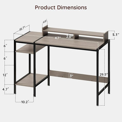 Computer Desk Gaming Desk with Monitor Stand, Home Office Desk Suitable for 2 Monitors, Writing Desk with Adjustable Storage Space,Sturdy and Durable Modern Small Desk (Grey, 47 inchs)