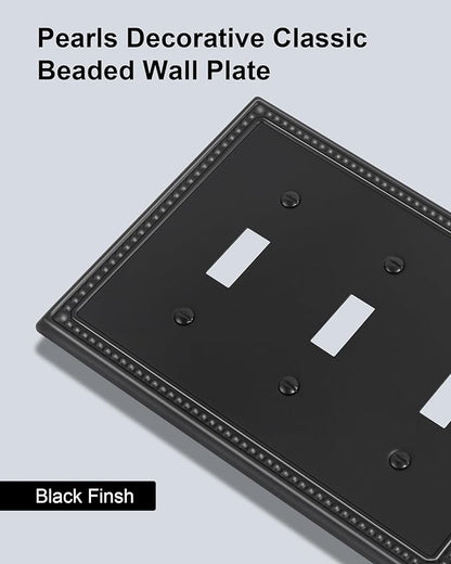2-Pack Triple Toggle Light Switch Cover Plate, Pearls Decorative Switch Plate Covers, Black 3 Gang Metal Wall Plate, Corrosion Resistant