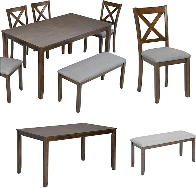 Dining Table Set, 6-Piece Modern Rectangular Dining Table & Chair Set with 4 Upholstered X-Shaped Backrest Chairs and a Bench, Walnut