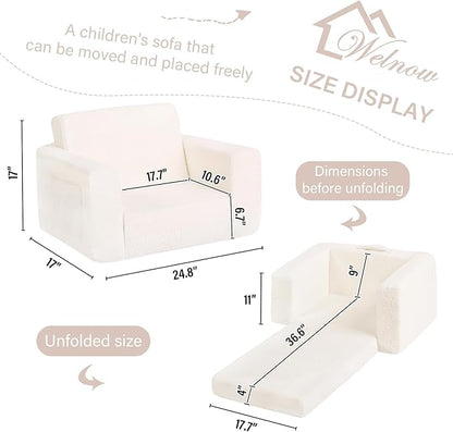 Welnow Toddler Chair, 2-in-1 Soft Sherpa Kids Sofa, Convertible Toddler Couch Lounger, Flip Out Kids Couch Chair with Side Pockets & Removable Cover for Girls and Boys, Beige