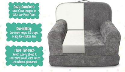 ParkaLounger Children's Sofa 2-in-1 Convertible Chair & Sleeper - Durable Foam Keeps Its Shape - Lightweight, Portable with Handle - Soft, Sturdy & Cozy Seat for Lounging & Play, Gray, Medium