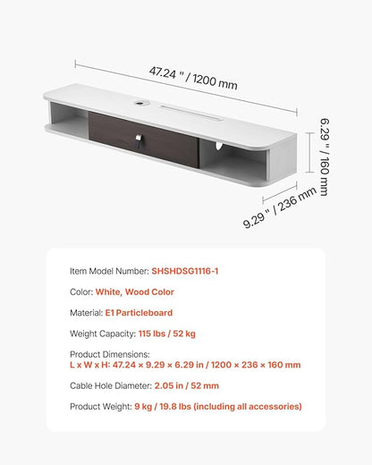 VEVOR Floating TV Stand, 47'' Wall Mounted TV Console Modern Floating Entertainment Center Under TV Shelf with Storage Cabinet, for Bedroom & Living Room, White