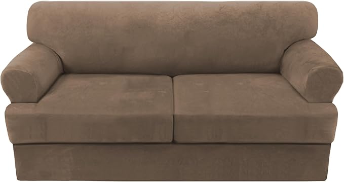 H.VERSAILTEX Sofa Cover 3 Piece T Cushion Loveseat Slipcovers Thick Velvet Couch Cover Stretch T Cushion Sofa Covers for 2 Cushion Couch with 2 Individual T Cushion Covers, Mocha