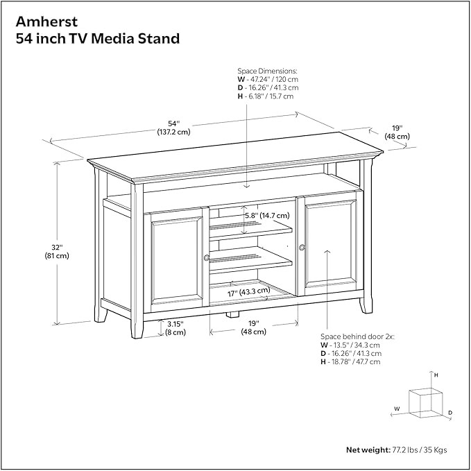 SIMPLIHOME Amherst 54-inch Wide Solid Wood TV Stand in Hickory Brown, Transitional-Style Media Console for Living Room with Adjustable Shelves and Cable Management