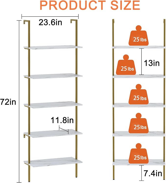 5 Tiers Ladder 2-Piece Shelf White Marble Modern Bookshelf Open Tall Wall Mount Bookcase Standing Leaning Wall Shelves Industrial Decorative