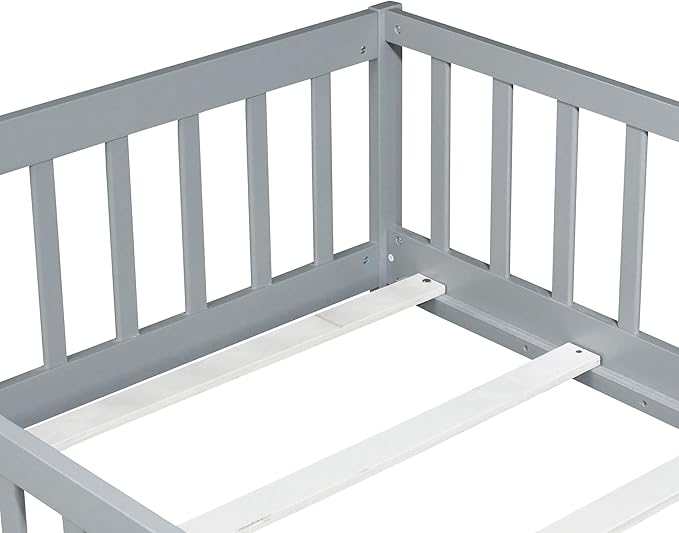 Bellemave Twin Floor Bed with Slats and Safety Guardrails, Kids Montessori Floor Beds with Fence and Without Door, Easy Assemble Floor Bed for Kids, Girls, Boys, Gary