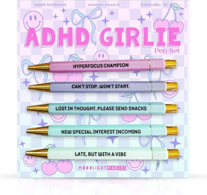 Moonlight Makers Funny Pens and Notepad Stationery Set - Set of 5 ADHD Girlie Engraved Ballpoint Pens with Black Ink, I Came I Saw I Made A List Notepad, Cute Desk Supplies, Funny Work Gifts for Women