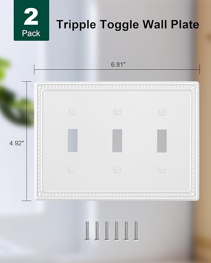 2-Pack Triple Toggle Light Switch Cover Plate, Pearls Decorative Switch Plate Covers, Pure White 3 Gang Metal Wall Plate, Corrosion Resistant