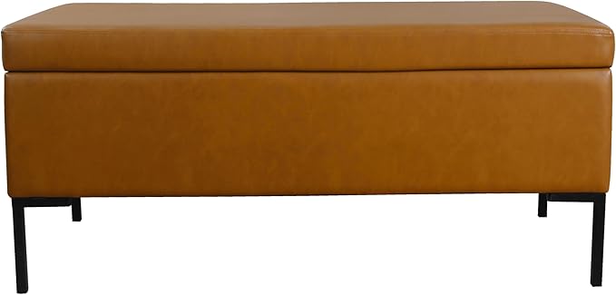 HomePop Upholstered Storage Bench with Metal Leg Home Décor|Bench with Storage for Living Room & Entryway - Faux Leather Brown