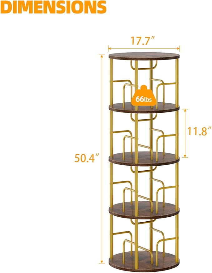 4 Tier Rotating Bookshelf, 360 Display Spinning Corner Bookshelf, Space Saving Metal Frame Bookcase for Living Room, Office, Bedroom, Gold