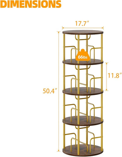 4 Tier Rotating Bookshelf, 360 Display Spinning Corner Bookshelf, Space Saving Metal Frame Bookcase for Living Room, Office, Bedroom, Gold