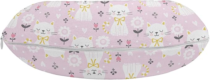 Ambesonne Kitten Travel Pillow Neck Rest, Flowers Cats with Striped Tails and a Ribbon, Memory Foam Traveling Accessory for Airplane and Car, 12", Mauve Pale Pink