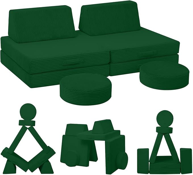 MeMoreCool Kids Couch for Playroom, Corduroy Convertible Toddler Couch, 8 Piece Modular Play Sofa, Foam Fort Building Set for Child Room Furniture, Green