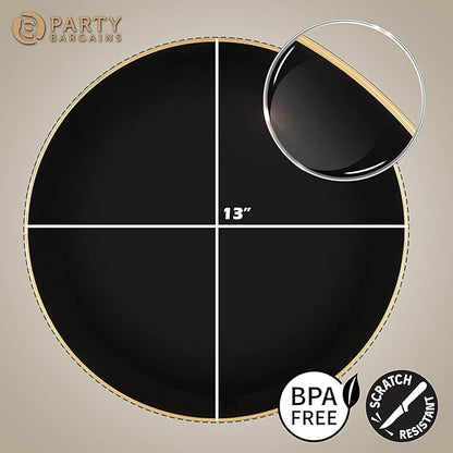 PARTY BARGAINS 13-Inch Charger Plates - 8 Pack, Organic Collection Black Gold Rim, Heavy-Duty Disposable Chargers for Elegant Dining - Ideal for Weddings and Formal Events