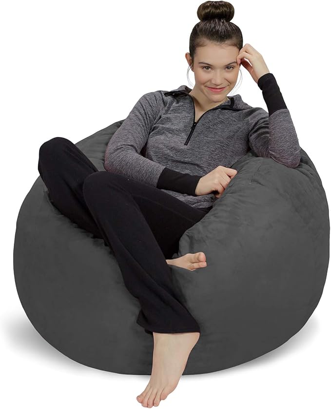 Sofa Sack Bean Bag Chair Cover Only, for Adults and Kids, Without Filling Comfy Fluffy Round or Oval Beanbag Chair Cover Replacement, Lazy Sofa Cover for Reading Chair or Floor Chair, 3 Foot, Charcoal