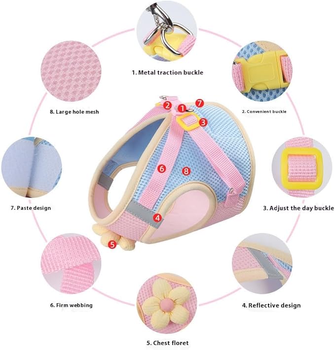 Floral Mesh Dog Harness with Matching Leash, Lightweight Pet Vest,Suitable for Small and Medium-Sized Cats and Dogs to Wear， Pink/Yellow (Pink, L:16-20lbs)