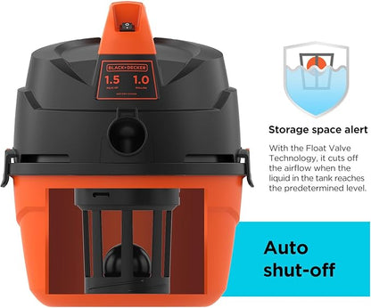BLACK+DECKER Shop Vacuum Wet and Dry, Small Shop Vac with Accessories, 1 Gallon 1.5 Peak HP, Wall Mount Mini Vacuum for Garage, Home and Pet, 60CFM (BDXV18101P-1H)
