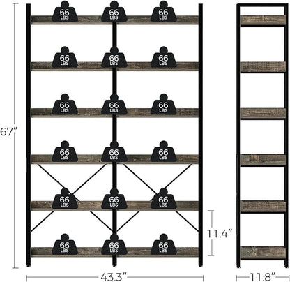 Seventable Bookshelf 6 Tier with 4 Hooks，67”Industrial Wooden Bookcase, Vintage Storage Rack with Open Shelves, Rustic Standing Bookshelves Metal Frame 43.3” Wide Display Rack, Gray