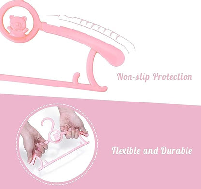 HGYZE Kid Hangers for Closet 50pcs, Pink Baby Clothes Hanger Plastic, 11-14" Adjustable Bulk Perchas for Newborn, Non-Slip Children Outfit Bear Hangar for Girl Boy Toddler Infant Nursery Clothing