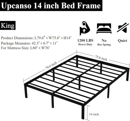 King Bed Frame No Box Spring Needed, 14 Inch Heavy Duty King Platform Bed Frame, 1200lbs Steel Slats Support, Easy Assembly, Black
