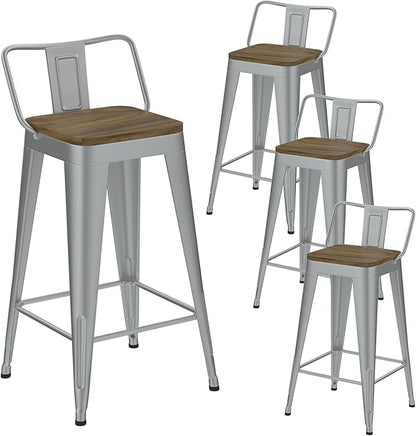 Silver Bar Stools Set of 4, Metal Bar Stools with Wooden Seat, Modern 30”Counter Height Barstools with Low Back
