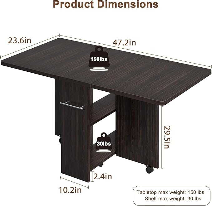 GarveeHome Folding Dining Table, Space Saving Farmhouse Dining Table for 4 Storage Shelf, 6 Wheels Multipose Expandable Kitchen Drop Leaf Table for Small Space (Dark Walnut, 47.2"D x 23.6"W x 29.5"H)