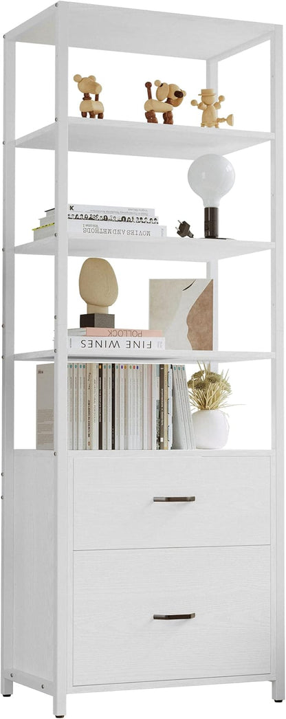 IRONCK Industrial Bookcase with File Cabinet Drawers, 71.6 in Tall Bookshelf 5 Tier, Freestanding Storage Home Office Cabinet Organizer, Rustic Home Decor, White