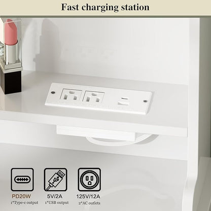 Makeup Vanity Desk with Mirror and Lights, Vanity Desk with 8 Drawers & Storage Shelves, Vanity Table with Power Outlet, 3 Color Modes & Adjustable Brightness Dressing Table, Bedroom,White2