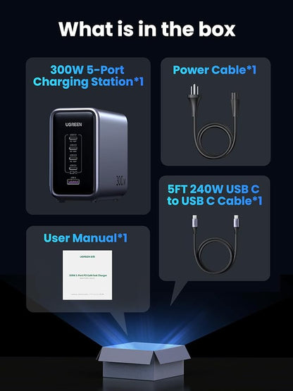 UGREEN Nexode 300W GaN Charging Station, 5-Port 140W Max Desktop Charger Compatible with MacBook Pro/Air, Dell XPS, iPhone 17/16/15 Series, Galaxy S25/S24, Pixel 10/9, iPad Air/Pro, Steam Deck