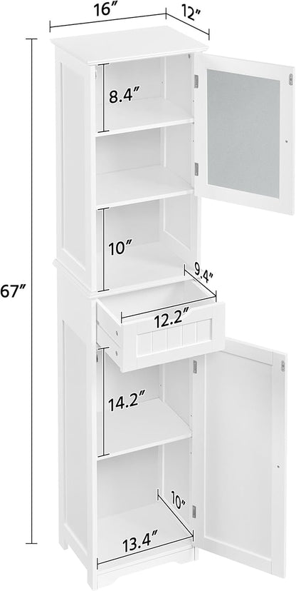 Yaheetech 67”Tall Bathroom Storage Cabinet,Narrow Floor Cabint with 2 Doors and 1 Drawer,Slim Bathroom Organizers,Adjustable Shelves,Storage Unit for Living Room, Entryway,Kitchen,White