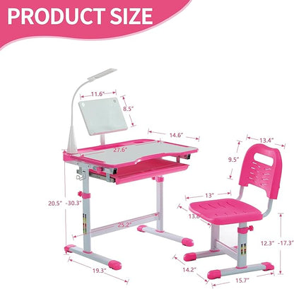 Diroan Kids Functional Desk and Chair Set, Ergonomic Height Adjustable Children School Study Desk with Tilt Desktop, Book Stand, LED Light, Metal Hook and Storage Drawer for Boys Girls(Pink)